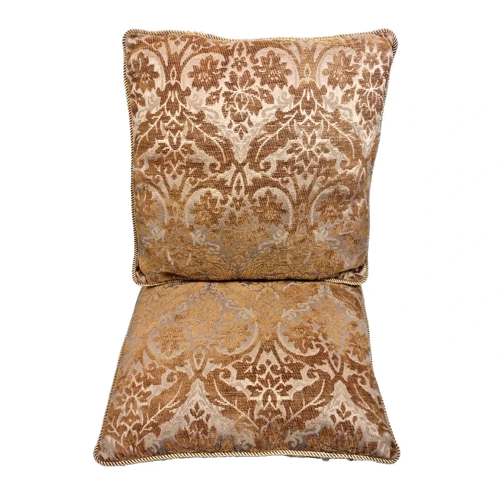 Set of 2 VTG Damask Throw Pillows Brown Gold Corded Trim 15x15 Jacquard Damask